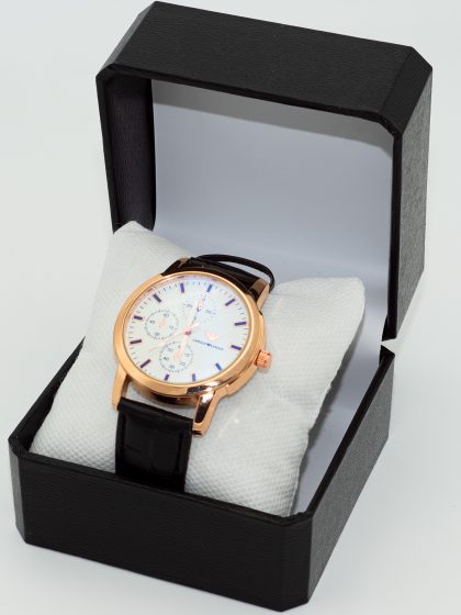 FIZ Stainless Steel Gold Dial with a Classic Black Color Leather Strapped Watch for Men.