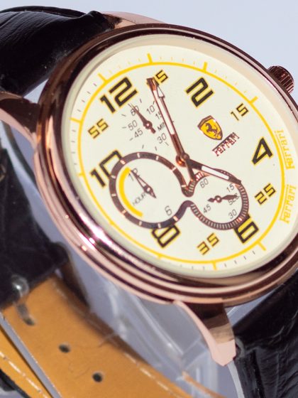 FIZ Stainless Steel Gold & White Dial with a Classic Black Color Leather Strapped Water Resist Wrist Watch for Men.