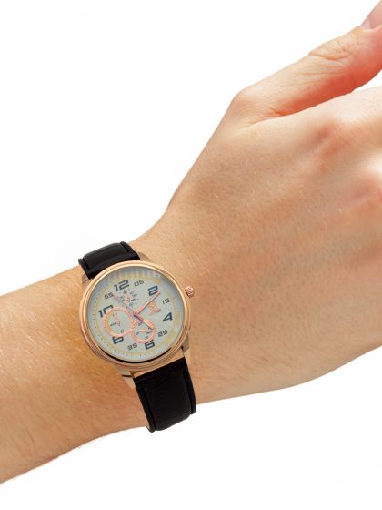 FIZ Stainless Steel Gold & White Dial with a Classic Black Color Leather Strapped Water Resist Wrist Watch for Men.