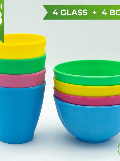 Pack of 8- 4 Set of glass Plus 4 Set of bowl Set- Imported plastic Best for daily use.